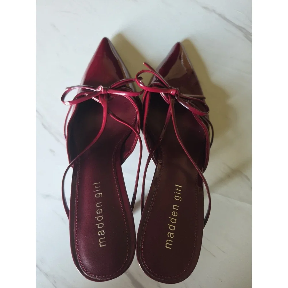 Madden Girl Red Patent Leather Slingback Pointed Toe Heels with Bow & Buckle 9.5